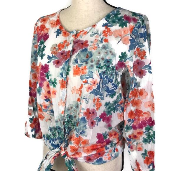 Zara Floral Tie Front Blouse Long Sleeve Button Down Multi Color Womens Sz Med - Picture 8 of 8